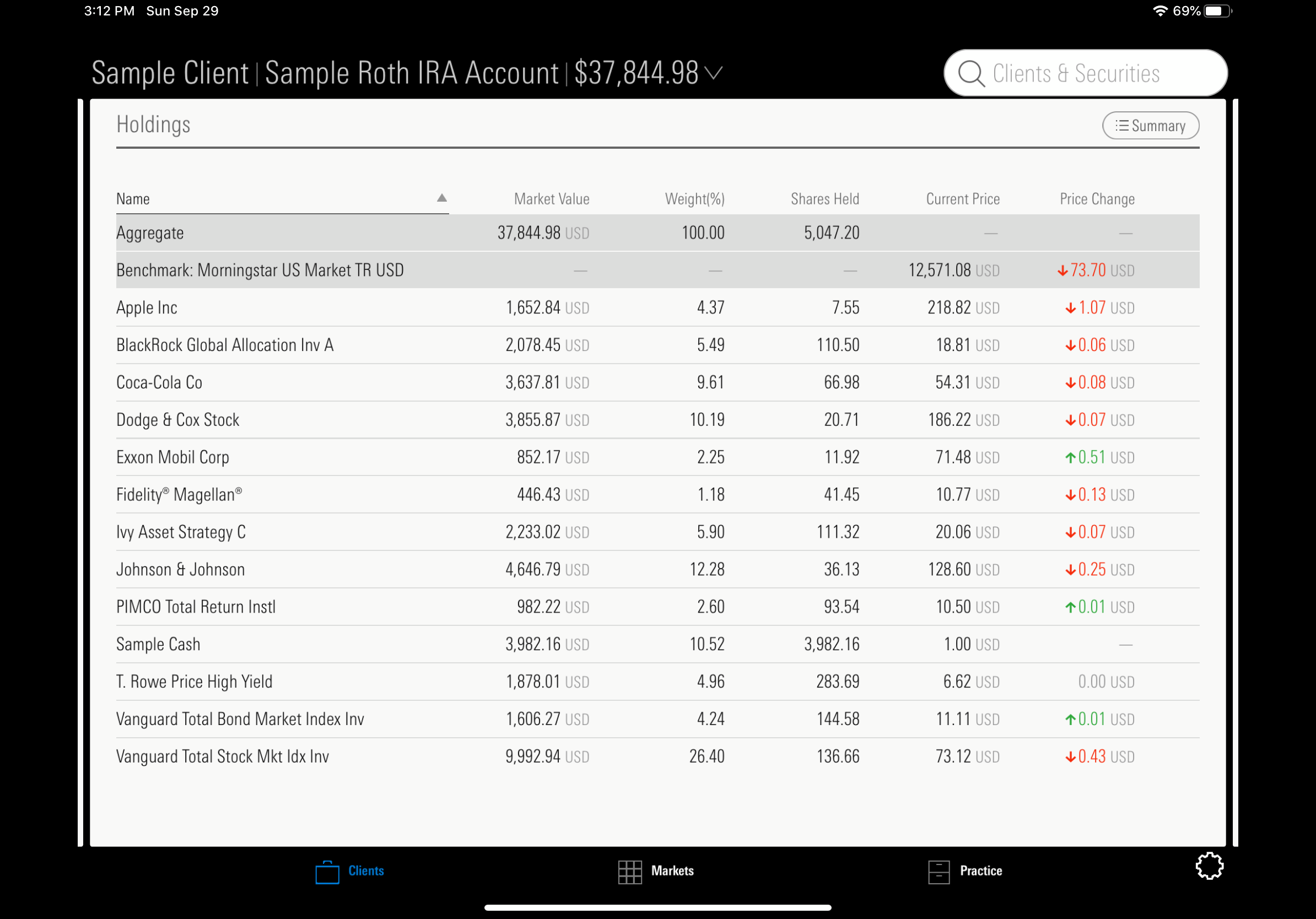 Client account detail grid screenshot